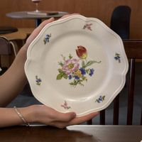 Assiette à dessert en porcelaine de style rétro à motif végétal antique français, compatible micro-ondes, pour mariage et anniversaire, usage domestique