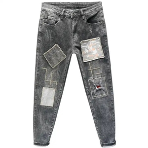 Pantalones de mezclilla de punto de algodón orgánico finos casuales para <span class=keywords><strong>hombre</strong></span>, de cintura alta, corte recto medio, con bordado de agujeros <span class=keywords><strong>rotos</strong></span>, formales para hombres jóvenes - Product Image 2