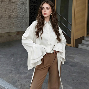Blusa de Satén Blanca para Mujer con Mangas con Volantes, Cuello Camisero, Corte Holgado, Elegante para Uso Diario, Manga Larga, Color Sólido - Product Image 5