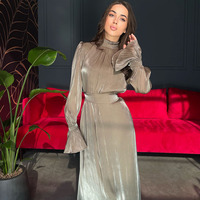 Robe Abaya de Soirée Élégante pour Femme Musulmane, Couleur Unie, Manches Longues, Brillante, Modeste, en Polyester, pour Fêtes et Danses