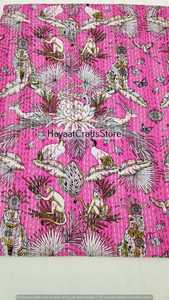 Couverture Kantha en coton imprimée d'animaux et d'oiseaux de style bohème rose, décoration d'intérieur, faite à la main, pour toutes les saisons - Product Image 4