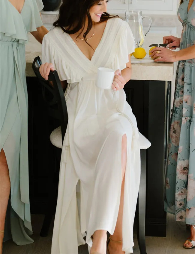 2023 Summer Fashion Women Elegant Butterfly Short Sleeve Ruffle Deep V Neck White Lace Long Beach Bohemian Rayon Maxi Dress