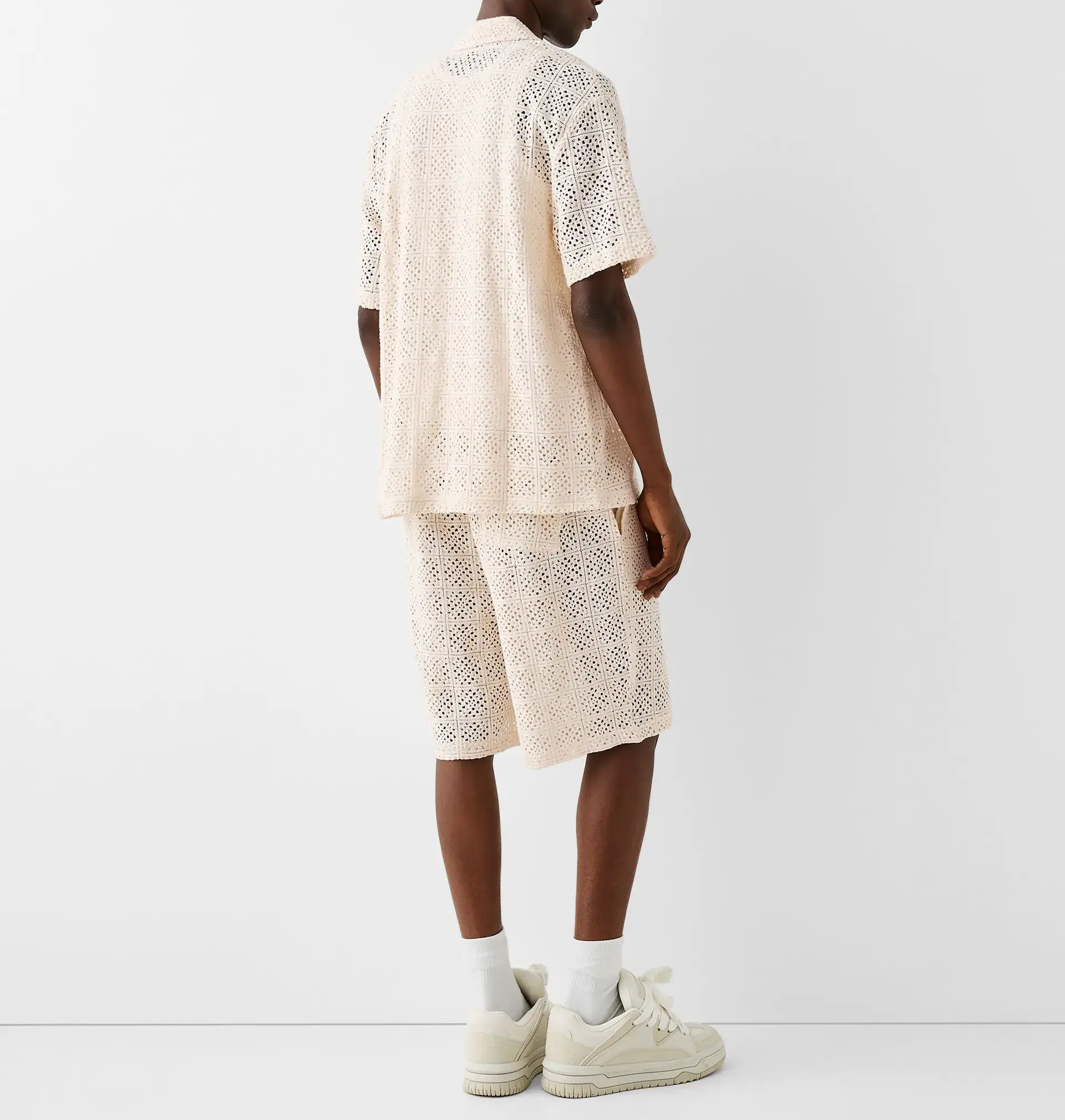 Camisa de malha de crochê texturizada casual de algodão mistura de moda verão personalizada