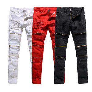 กางเกงยีนส์ทรงไบค์เกอร์ขาดๆ สไตล์คลาสสิกสำหรับผู้ชาย แต่งผ้าปะติด ซิปตรง ทรงตรง จับจีบ ไม่มีเข็มขัด - Product Image 1