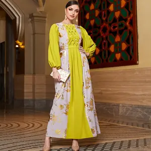 Unique Design Abaya Women Muslim Dress 2023 Dubai Patchwork Color Eid Women Abaya Dubai Puff Sleeves Muslim Dress Kaftan