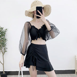 Traje de baño de dos piezas para mujer, top gris con volantes y falda, para aguas termales y playa - Product Image 4