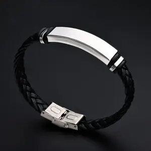 Hot Selling Simple Adjustable High Finish Custom Engrave Stainless Steel Anchor Braided Black Pu Leather Woven Bracelet For Men