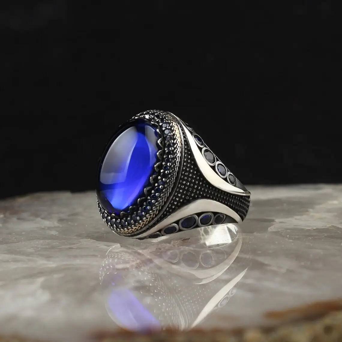 Nhẫn Bạc Sterling Cổ Điển Cho Nam, Nhẫn Bạc Thái Lapis Lazuli Màu Xanh Đậm Trang Sức Thổ Nhĩ Kỳ