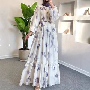 Preghiera estiva musulmana elegante da donna alla moda media oriente girocollo Abaya Chiffon floreale con cintura Maxi abito - Product Image 5