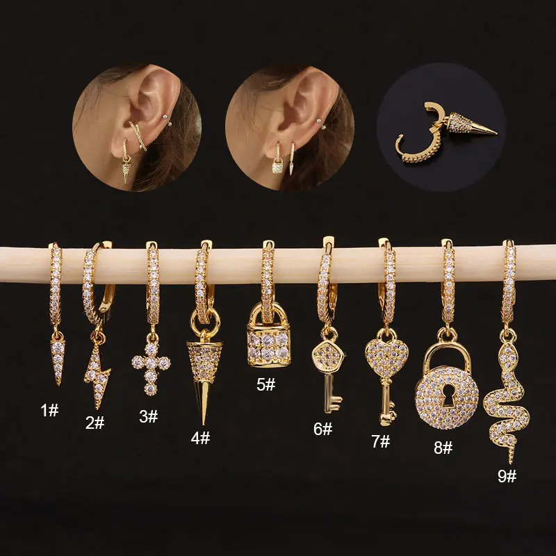 Gold Key Lightening Cross Spike Snake Small Pendant CZ Hoop Dangle Earring Cartilage Lobe Piercing Jewelry Piercing Earrings