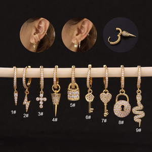 Gold Key <strong>Lightening</strong> Cross Spike Snake Small Pendant CZ Hoop Dangle <strong>Earring</strong> Cartilage Lobe Piercing Jewelry Piercing <strong>Earrings</strong> - Product Image 1