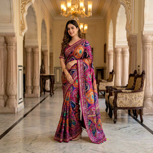 Sari en soie imprimé Ajarakh avec broderie miroir et bordure passepoilée, réversible, longueur ras du sol, coupe classique, robe ethnique pour femme pour mariage - Product Image 1