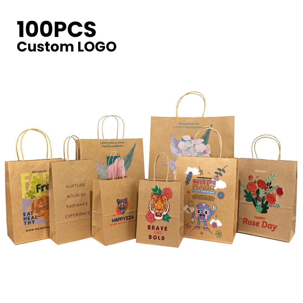 Sacchetto di carta per imballaggio alimentare per uso domestico riciclato marrone stampato con Logo personalizzato con manici Twist Togo sacchetti di carta Kraft per alimenti