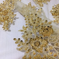 Tela de Moda con Bordado Tejido de Última Moda, Color Dorado, Cordón con Cuentas Bordadas a Máquina, Encaje para Vestidos de Novia o Juguetes