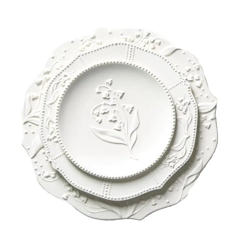 Set alat makan piring keramik tulang Tiongkok standar tinggi 7 inci 9 inci 11 inci piring kue Ins putih pola Lily kecantikan