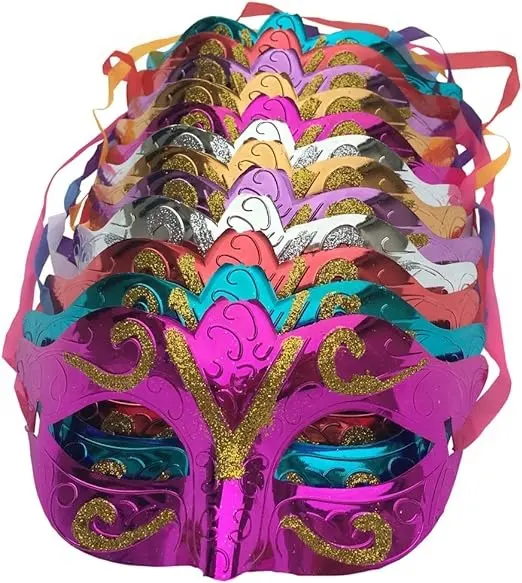 12ゴールドシャイニングメッキパーティーマスクのファンシーパック結婚式の小道具仮面舞踏会マルディグラフェイスマスク