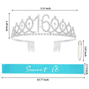 Ensemble de couronnes d'anniversaire OEM bleu ciel avec ruban, pour les anniversaires du 10e, 13e et 18e, lot de 3 accessoires pour <span class=keywords><strong>cheveux</strong></span>, couronne simple en cristal argenté - Product Image 6