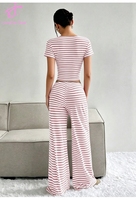 Ensemble décontracté Loveda avec logo personnalisé, nouvelle collection, t-shirt court à col carré rayé pour femme et pantalon droit
