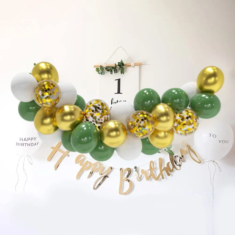 Green white metal latex balloons garland arch with Happy Birthday Banner flag for baby shower girl boy 1st birthday Party Decor