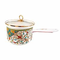 Panci Enamel Senny 20cm dengan Tutup Kaca Berpinggiran Emas Motif Paisley Putih untuk Memasak di Dapur, Grosir Pabrik