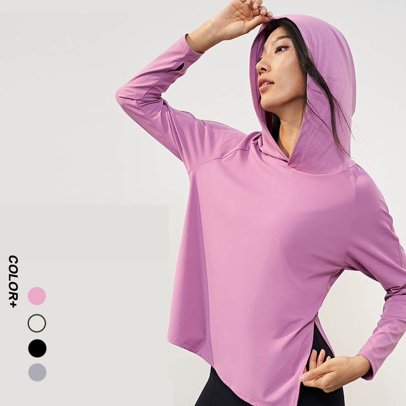 Custom Logo Nude Feeling Workout Split Hem Sports Fitness Top Thumb Holes Women Long Sleeve Hooded Yoga T Shirt