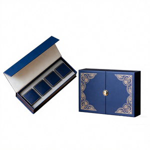 Boîte cadeau rigide bleue de luxe avec design en feuille d'or, fermeture magnétique, double porte, emballage en carton rectangulaire pour cadeaux haut de gamme - Product Image 1
