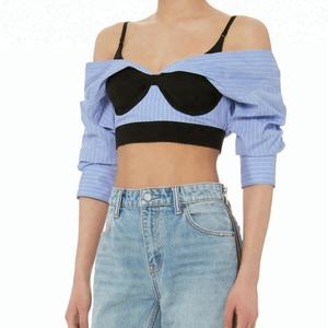Wholesale Sexy Women's Navel Stripe T-shirt Long Sleeve Crop <b>Top</b> Crop t Shirt Women - Product Image 1
