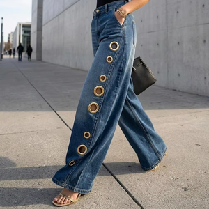 Jeans da donna a vita alta, a gamba larga a ferro di cavallo, in denim, con occhielli dorati, stile avant-garde, con hardware resistente, streetwear, sexy - Product Image 1