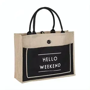 Custom Eco-friendly Biodegradable Black Fabric Recycled Shopping Bag With Cotton Pocket And Button Picture Of Burlap Jute Bag