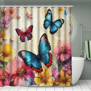Set da Bagno 4 Pezzi con <span class=keywords><strong>Tenda</strong></span> Doccia Floreale Vivace, <span class=keywords><strong>Farfalle</strong></span> Colorate e Fiori in Fiore, Tappetino da Bagno Incluso - Product Image 2
