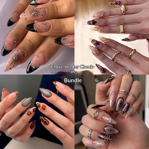 Faux ongles à presser style Ins, forme amande, French, longueur moyenne, pré-dessinés, vente en gros - Product Image 1