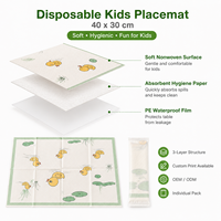 Napperon jetable pour enfants, 40 cm de large, longueur et logo personnalisables, qualité alimentaire, adhésif, pour voyage, fourni par l'usine