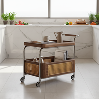 Table basse moderne en noyer noir massif et rotin, écologique et durable, avec chariot de rangement à 2 niveaux et cadre en acier inoxydable