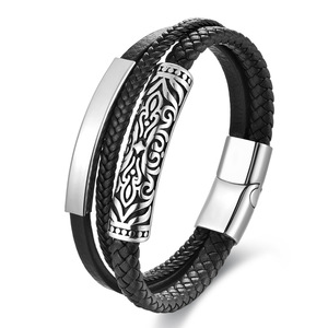 Bracelet à motif tribal à 3 couches |   Bracelet en cuir véritable avec accent gravé en acier inoxydable antique et fermoir magnétique pour homme - Product Image 1