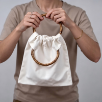 Tas Kanvas dengan Pegangan Cincin Bambu Alami, Penutup Tali Serut, Tas Jinjing untuk Aktivitas Santai Sehari-hari, Logo Kustom Grosir