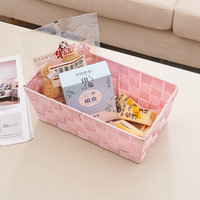 Panier de rangement en plastique tissé rose avec poignées, petit bac de rangement rectangulaire pour étagère, salle de bain, placard