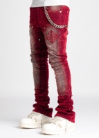 Jean pour homme Y2K en denim déchiré et délavé rouge, coupe slim évasée, style streetwear de haute qualité, personnalisable OEM/ODM, collection 2026