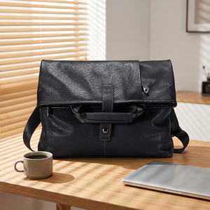 Sac messager en cuir véritable pour hommes, sac à bandoulière rétro, grande capacité, couleur unie, pour affaires et occasions décontractées - Product Image 1