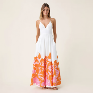 Vestido largo maxi bohemio personalizado para <span class=keywords><strong>mujer</strong></span>, con estampado floral blanco, cintura imperio, escote en V profundo, tirantes finos, fruncido y bolsillos laterales, ideal para invitadas <span class=keywords><strong>de</strong></span> boda. - Product Image 3