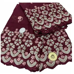 Burgundy red African cotton embroidered lace fabric high quality Swiss cotton voile lace with stones for wedding lace fabric