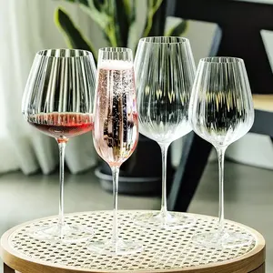 Unique Hand Blown Luxury Champagne Flute Thin Stem Decorative Stripe Crystal Burgundy Wine Glass