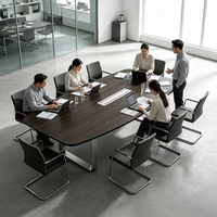 Table de réunion Stellan D, table de conférence de bureau commerciale, placage en chêne blanc avec couvercle rabattable et chemin de câbles