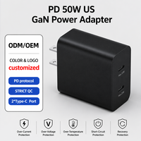Adaptador de Corriente GaN con Doble USB C, 50W 25W, Enchufe Estadounidense, Carga Rápida PD, Cargador de Pared con Protección Contra Sobrecargas, para Viajes, Suministro Móvil