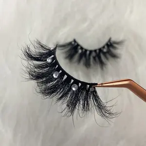Wholesale other 3d fluffy v25 mm real mink eyelash vendor fancy curl full strip lashes with diamonds butterflies