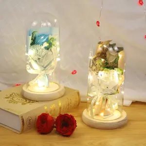 hand made valentine gifts decoration flowers light up rose in glass dome artificial mini glass dome with base