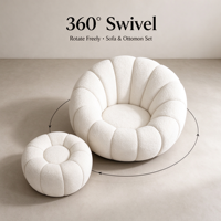 Ensemble de fauteuils pivotants en tissu laine d'agneau moderne, avec structure en bois massif, fauteuil lounge moelleux et ottoman, pour salon et détente