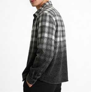 Spring Custom <strong>Men's</strong> Gradient Plaid Flannel <strong>Shirt</strong> Rhinestone Embellished Long Sleeve Button Down Loose Fit Casual Streetwear - Product Image 4