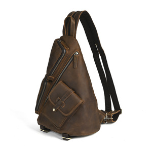 Crazy Horse Leather Chest Bag Dark <b>Brown</b> Large Capacity Multiple Pockets Men's <b>Backpack</b> Leisure Travel - Product Image 4