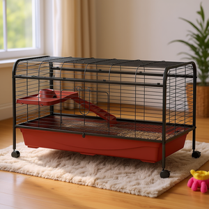 Jaula para animales pequeños de 48 pulgadas de largo con marco de alambre de acero, plataforma con ruedas y rampa para conejos y hurones, incluye comedero. - Product Image 2