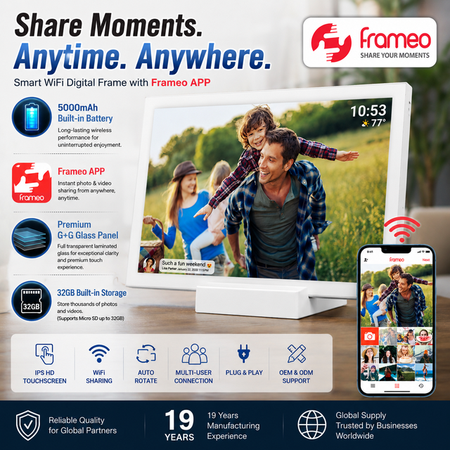 10.1 Inch WiFi Digital Picture with Frameo APP 5000mAh Battery Premium G+G Glass IPS Touch Screen OEM/ODM Digital Photo Frame